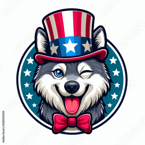 Wolf. Independence Day 4th of July American Flag Cute Cartoon Mascot Clipart Line Art Vector Illustration. Canine predator wild beast timber type animal relative nature creature.