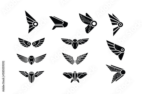 Futuristic wing emblems with circuit board details logo icon