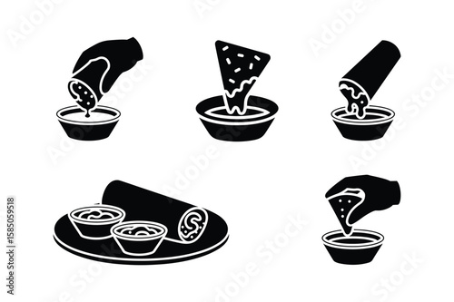 Hand dipping food into sauce bowls and platter with dips vector