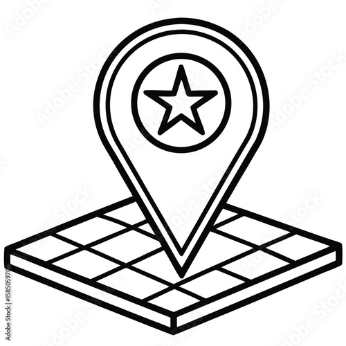 Vector art of a map pin with a star icon rests on a grid representing a location