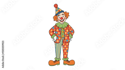 Colorful cartoon clown illustration with a big smile, wearing a polka-dot costume and party hat, perfect for children's entertainment and festive themes.