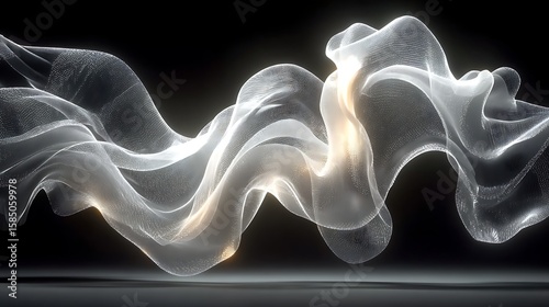 Digitally rendered flying fabric swirls made of blended textures and layered opacity