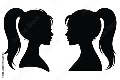 Two female silhouettes facing each other profile portrait