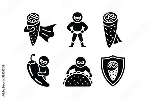 Superhero burrito chili pepper taco shield icons vector
