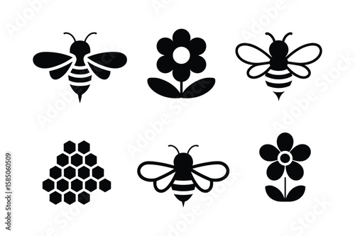 Black bee and flower silhouettes with honeycomb pattern insect nature