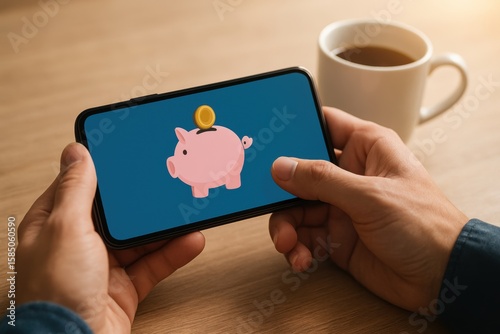 Hands Holding Smartphone Displaying Piggy Bank with Coin, Symbolizing Saving Money and Financial Management in Modern Digital Age