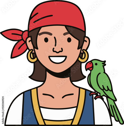 Minimal Flat Design Female Pirate with Parrot Bust-Up