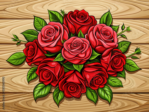 vector of Romantic bouquet of red roses on wooden planks background. Long and top view with space for text. Beautiful and pleasant.
