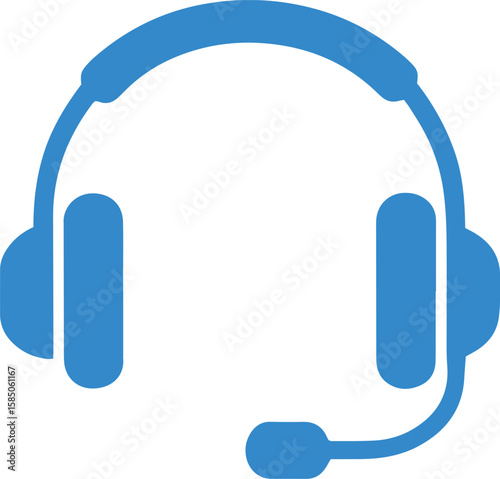 Blue headphone icon with microphone, ideal for customer service, call center, support, and communication concepts