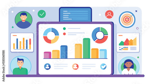 Illustration of a dashboard interface with charts graphs and user profiles for data analysis and insights