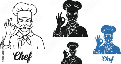 Chef cartoon set shows different versions of the same character with mustache wearing a toque, isolated on white with perfect cooking sign.
