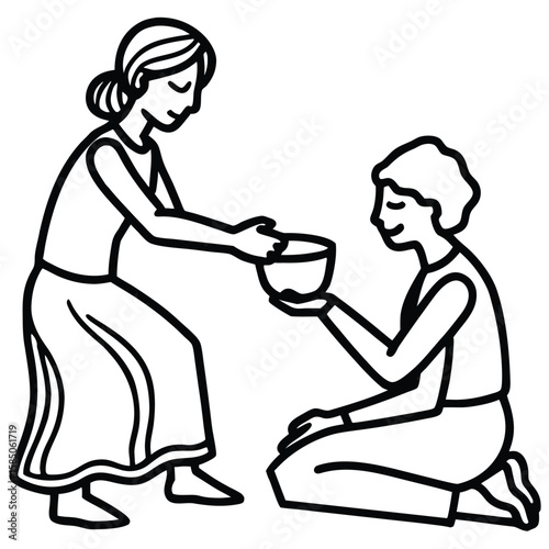 Vector art of a woman gives a bowl of food to a kneeling person