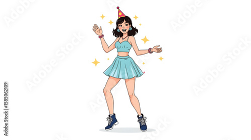Animated illustration of a cheerful young woman in a party outfit, smiling and raising her hands in celebration.