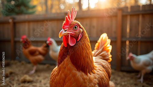 Buff Orpington hen in a backyard coop, golden feathers glowing in the sun, docile expression, surrounded by natural wood fencing and straw