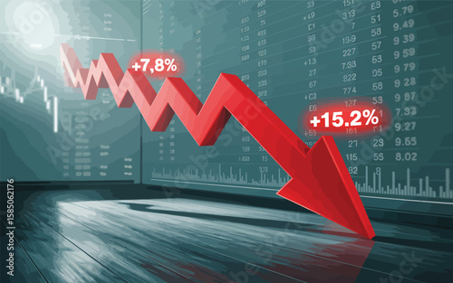 Red downward arrow over financial chart with numeric metrics +7.8% and +15.2%, symbolizing market volatility, financial pressure, and conceptual contrast