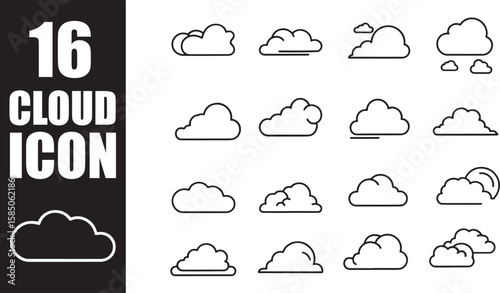 A versatile set of sixteen cloud icons, perfect for representing weather, computing, and online storage, with a clean and modern outline design suitable for various digital projects