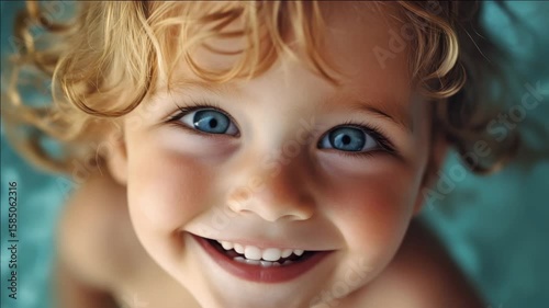 Adorable toddler smiling at the camera with blue eyes, likely enjoying a summer day at the beach.