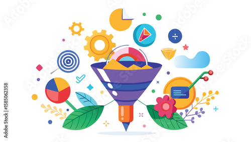 Illustration of a data funnel with charts, gears, and other decorative elements around it nicely done