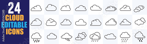 Twenty-four editable cloud icons in various shapes and weather conditions, ideal for representing data storage, network concepts, and weather forecasts in modern digital designs