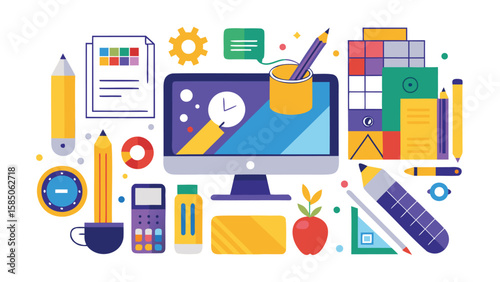 Illustration of a computer screen surrounded by colorful stationery and design elements on a white background