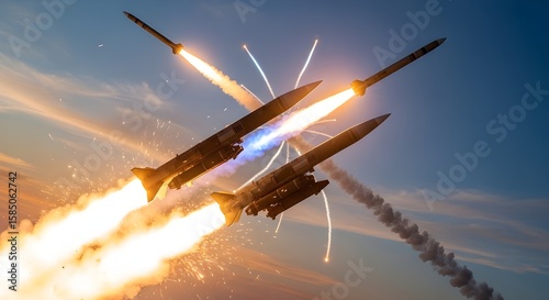 Realistic Close-Up of Dual Patriot Missile Interception with Explosive Fireball in Evening Sky