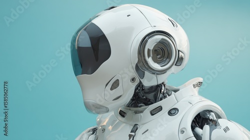 Futuristic white robot head with a transparent visor and intricate mechanical details, showcasing advanced technology and sleek design against a light blue backdrop.