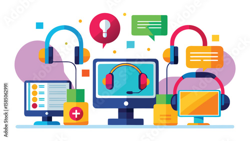 Illustration of customer support setup with headsets, monitors, chat bubbles and colorful shapes around it