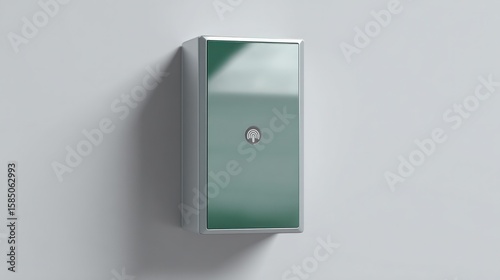A sleek, modern green box with a silver frame and a circular logo is mounted on a wall, showcasing contemporary design and minimalist aesthetics for various applications.