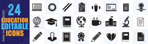 A comprehensive vector set of twenty-four editable education icons, ideal for representing school, learning, academic achievement, and various educational resources for modern designs