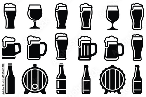 Beer glasses mugs bottles barrels vector