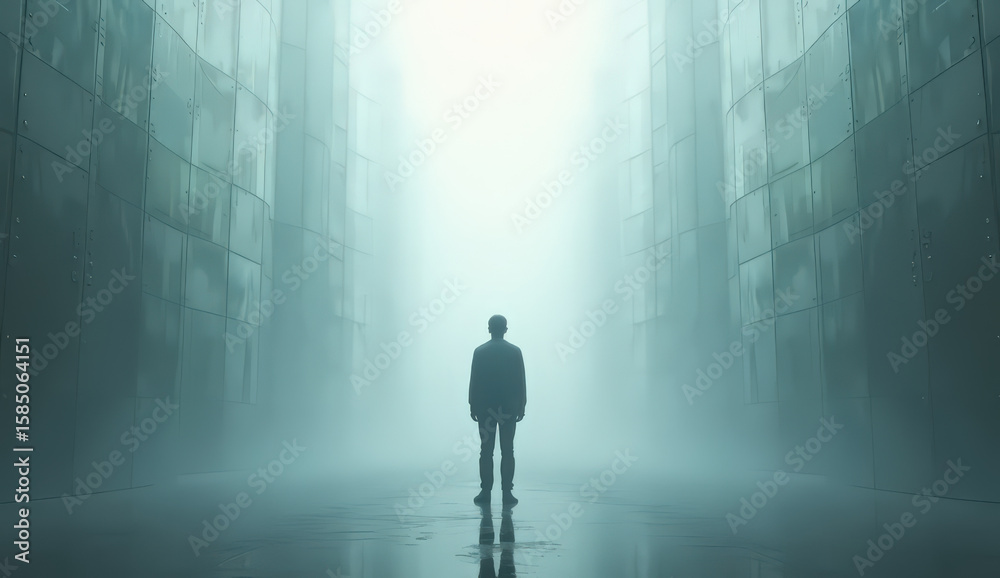 Fototapeta premium A lone person faces a wall of mirrors in a misty void. Each reflection shows a different version of themselves, representing identity, choice, and future paths.