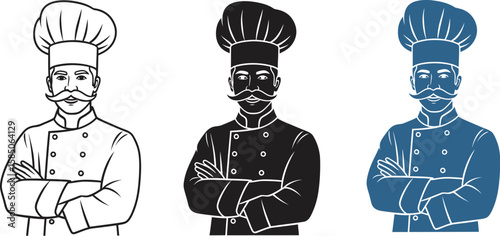 Distinguished chef illustration portrays expertise in culinary arts, with a retro flair and varied color styles, ideal for restaurant designs.