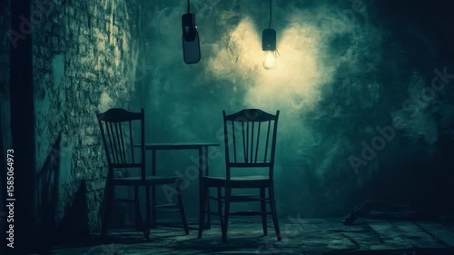 Two wooden chairs and a table in a dimly lit, misty room