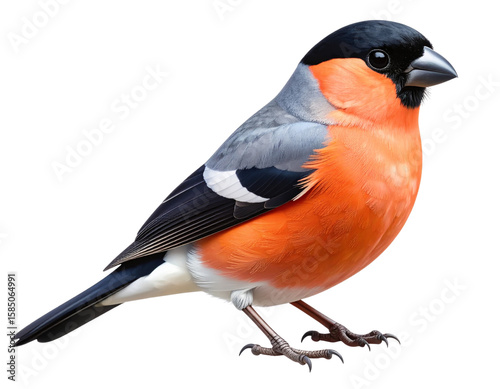 Realistic bullfinch bird with vibrant orange breast and black wings isolated on transparent background PNG