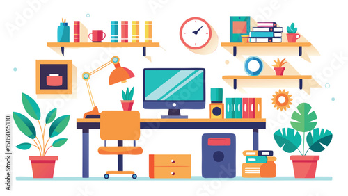 Illustration of a home office setup with a desk, computer, shelves, plants, and various office supplies