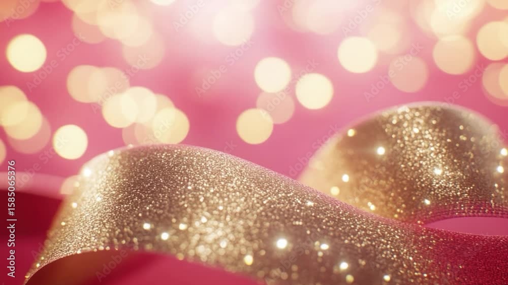Gold glitter ribbon on pink bokeh background