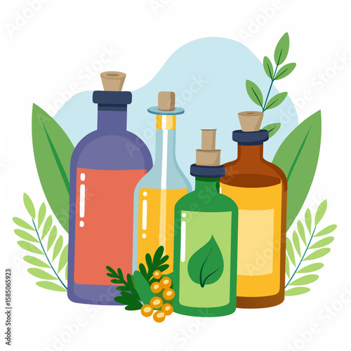 Colorful aromatherapy bottles with leaves and berries essential oils glass