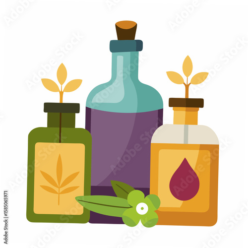 Essential oils bottles with botanical elements aromatherapy natural