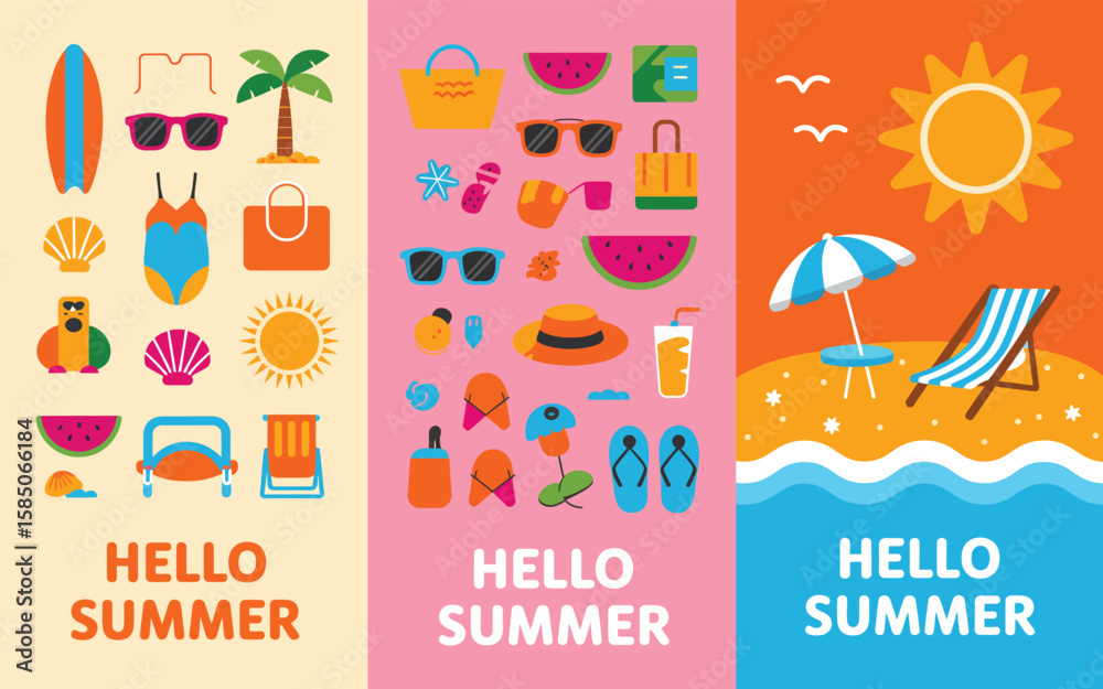 Naklejka premium Set of three vertical summer-themed posters with colorful backgrounds featuring beach icons, watermelon, sunglasses, and “HELLO SUMMER” text