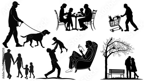 Vector collection of family and everyday life silhouettes showing scenes of togetherness, parenting, and domestic routine.