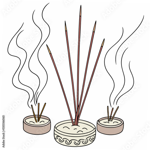 Incense sticks burning with smoke in holders aroma