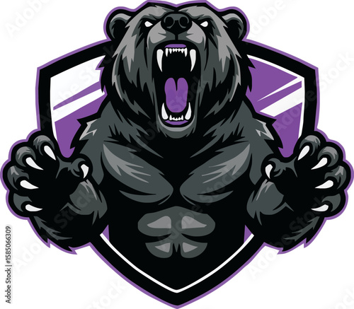 Ferocious bear roaring with claws outstretched against a shield background, showcasing strength and aggression.