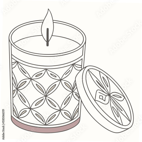 Scented candle with decorative pattern and lid patterned flame
