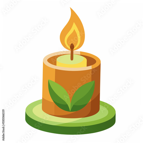 Scented candle with flame and leaves on a stand burning light