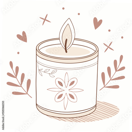 Scented candle with floral design and decorative elements hearts leaves