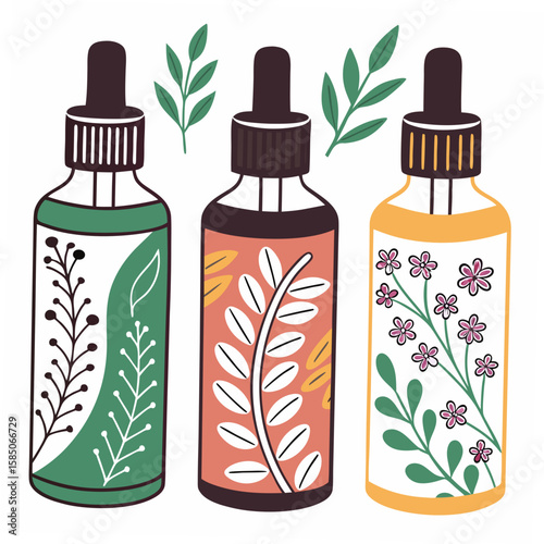 Three dropper bottles with botanical designs essential oil aromatherapy