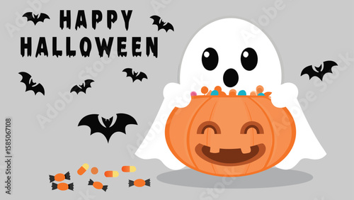 Cute ghost holding pumpkin full of candy with bats and happy halloween text on gray background