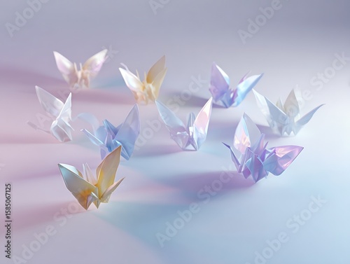 Delicate origami cranes in pastel hues create a serene and artistic composition, showcasing the beauty of paper art and the elegance of folded forms.