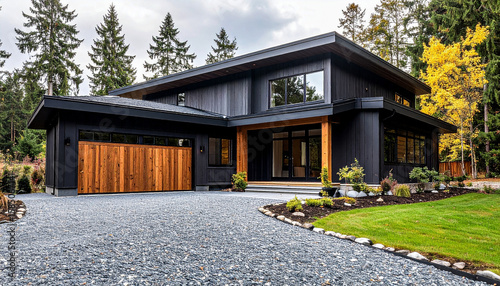 Modern farmhouse with black wood cladding, large windows, and gravel driveway leading to a wooden barn-style garage