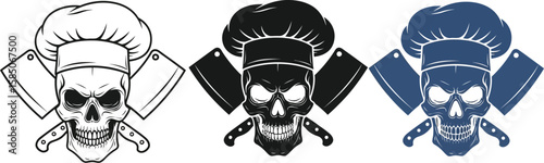 Three skull chefs with cleavers create a macabre culinary trio in vintage style, offering a unique logo or design element.